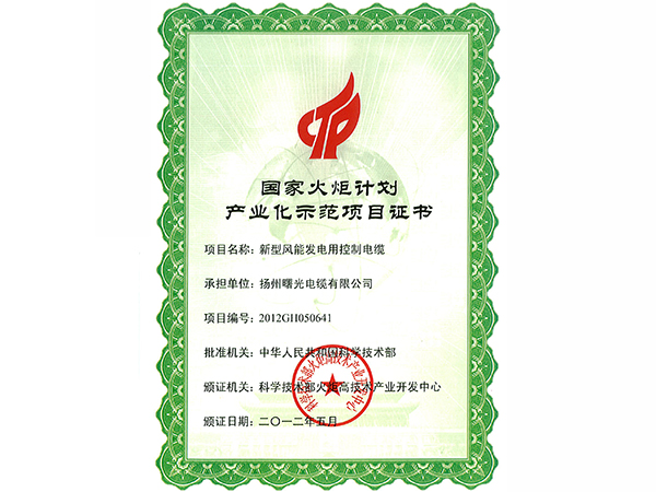 国家火炬计划项目证书（新型风能发电型控制熊猫直播平台官网）